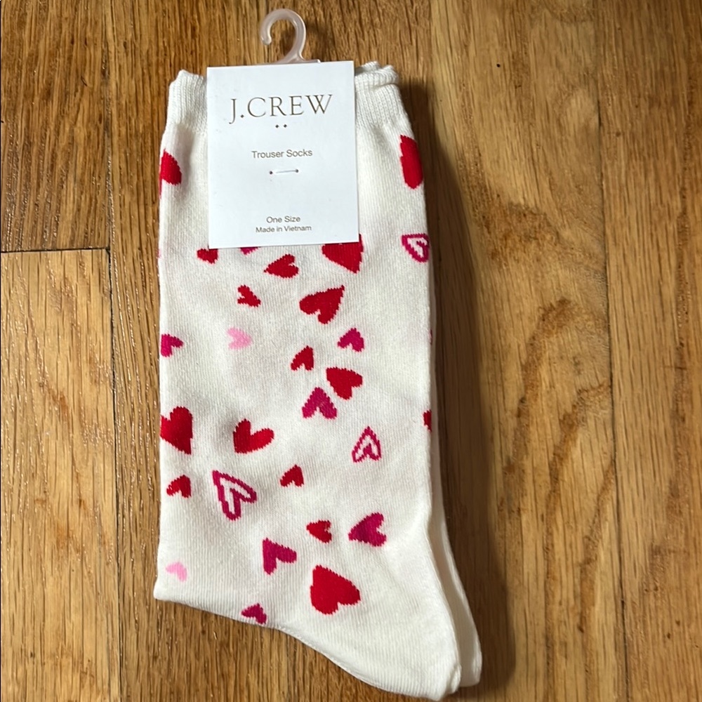 J. Crew White and Red Heart Pattern Trouser Socks